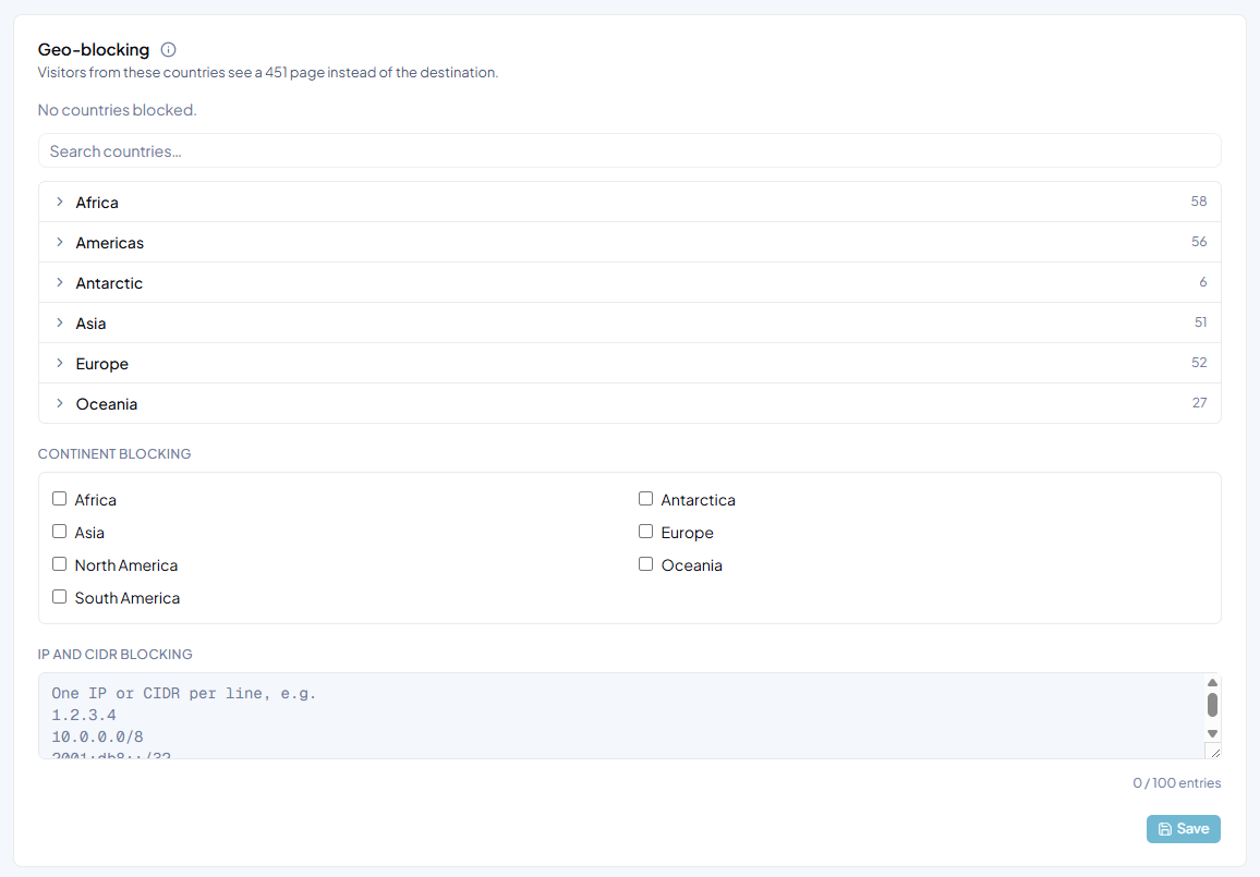 Geo-blocking settings with country, continent, and CIDR rules