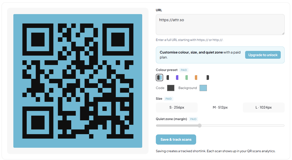 QR code generator with colour, size, and quiet-zone options